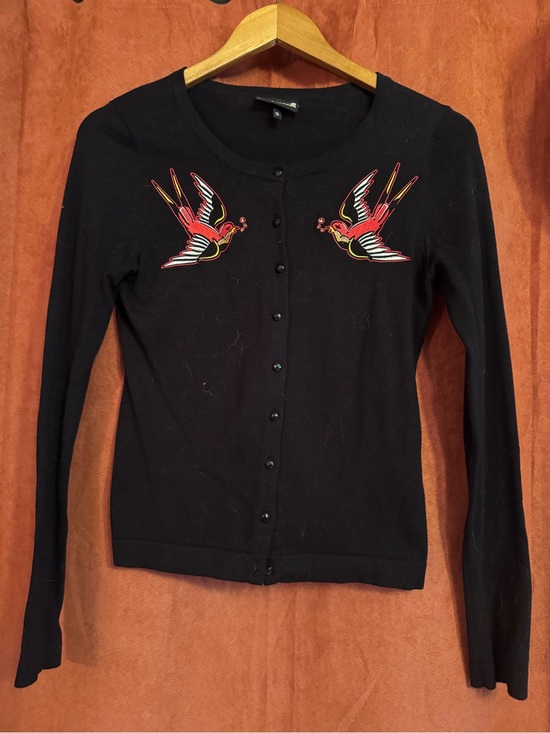 Sweaters - Women's Black Embroidered Bird Cardigan Sweater, drunk birds